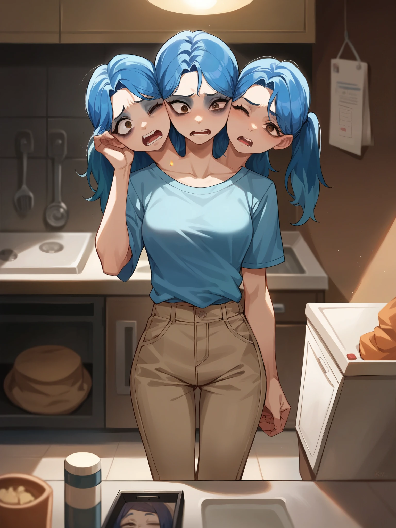 anime, (masterpiece, best quality), best resolution, three heads, conjoined, 1girl, weary, headache, hangover, in pain, dizzy, blue hair, brown eyes, one eye closed, open mouth, light blue t-shirt, tan pants, hand on forehead, apartment kitchen