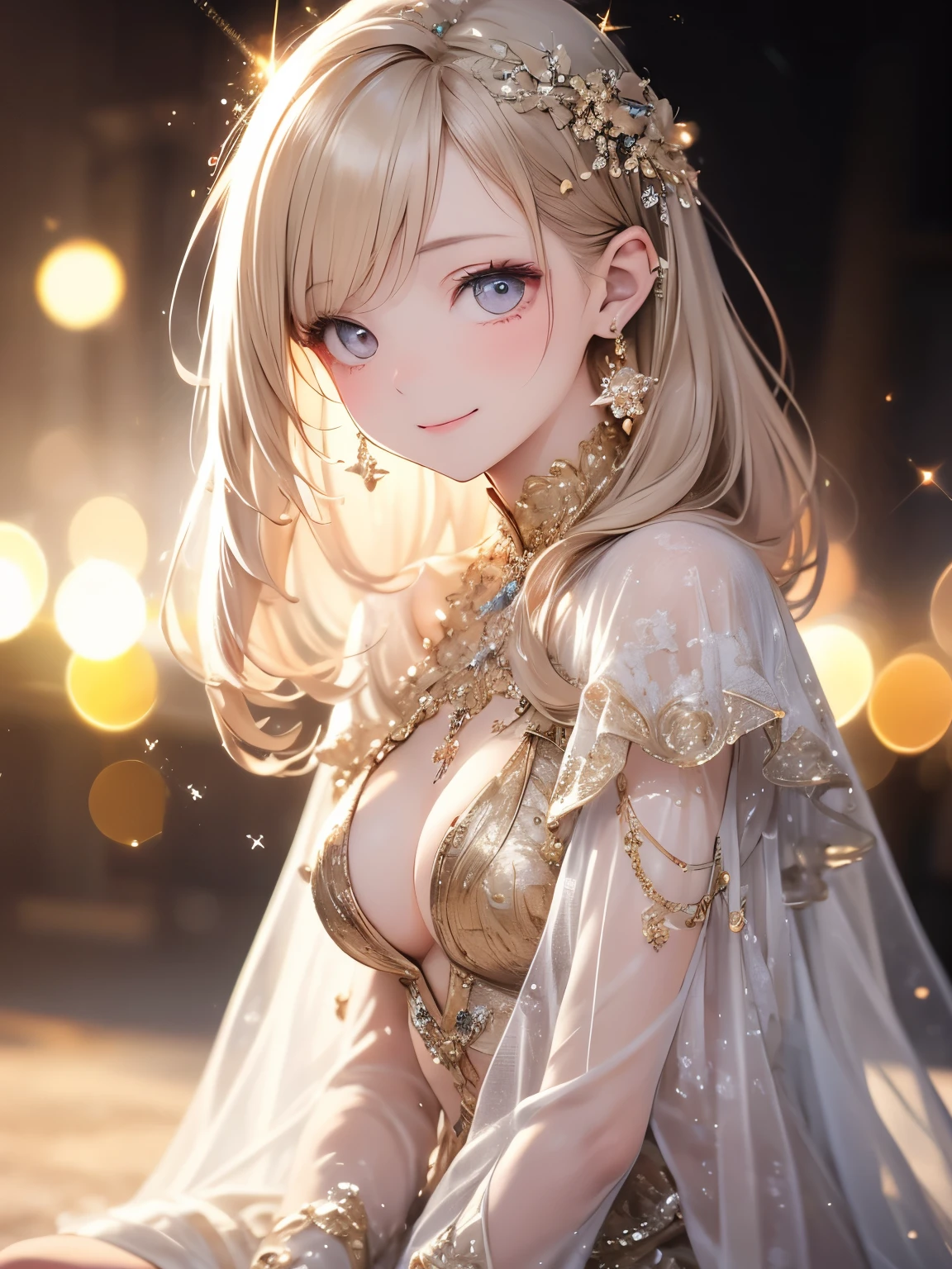 (master piece),(4k),high quality,(small breasts),1girl,long blonde hair,pale skin,smile,beautiful detailed gold eyes, (Highly detailed elegant),(white capelet fashion), Magical colors and atmosphere, Detailed skin,(cute sparkle), light particles,The background is soft and blurry,Add a dramatic and symbolic element to your scene, Depth of written boundary, Bokeh, Silky to the touch, Hyper Detail,sitting,create an ethereal atmosphere like a dream