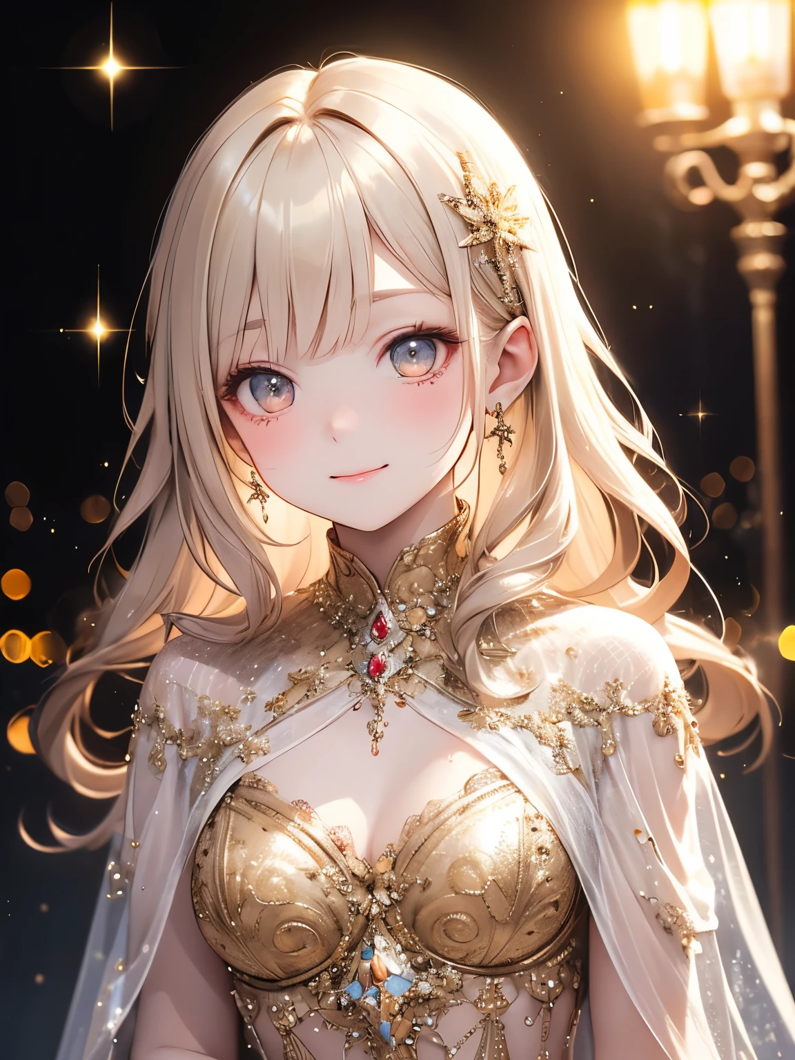 (master piece),(4k),high quality,(small breasts),1girl,long blonde hair,pale skin,smile,beautiful detailed gold eyes, (Highly detailed elegant),(white capelet fashion), Magical colors and atmosphere, Detailed skin,(cute sparkle), light particles,The background is soft and blurry,Add a dramatic and symbolic element to your scene, Depth of written boundary, Bokeh, Silky to the touch, Hyper Detail,sitting,create an ethereal atmosphere like a dream