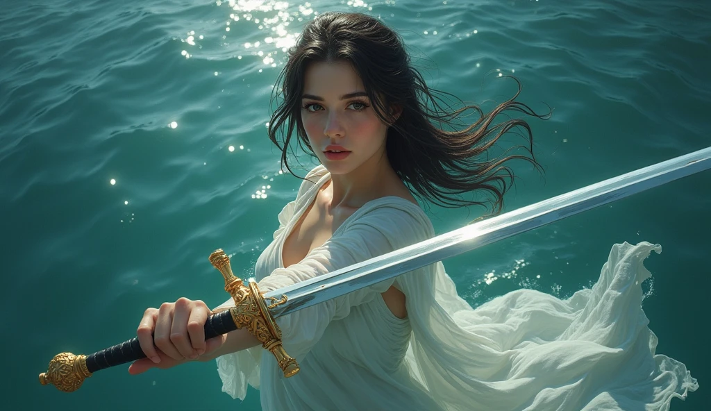 A young girl sitting in a boat, sword in hand, cape, lonely, high resolution, sea of stars, overlooking, romance, smallness, (best quality,8k,highres,masterpiece:1.2),ultra-detailed,(realistic,photorealistic:1.37),dramatic lighting,cinematic composition,intricate details,moody atmosphere,chiaroscuro,fantasy,digital art