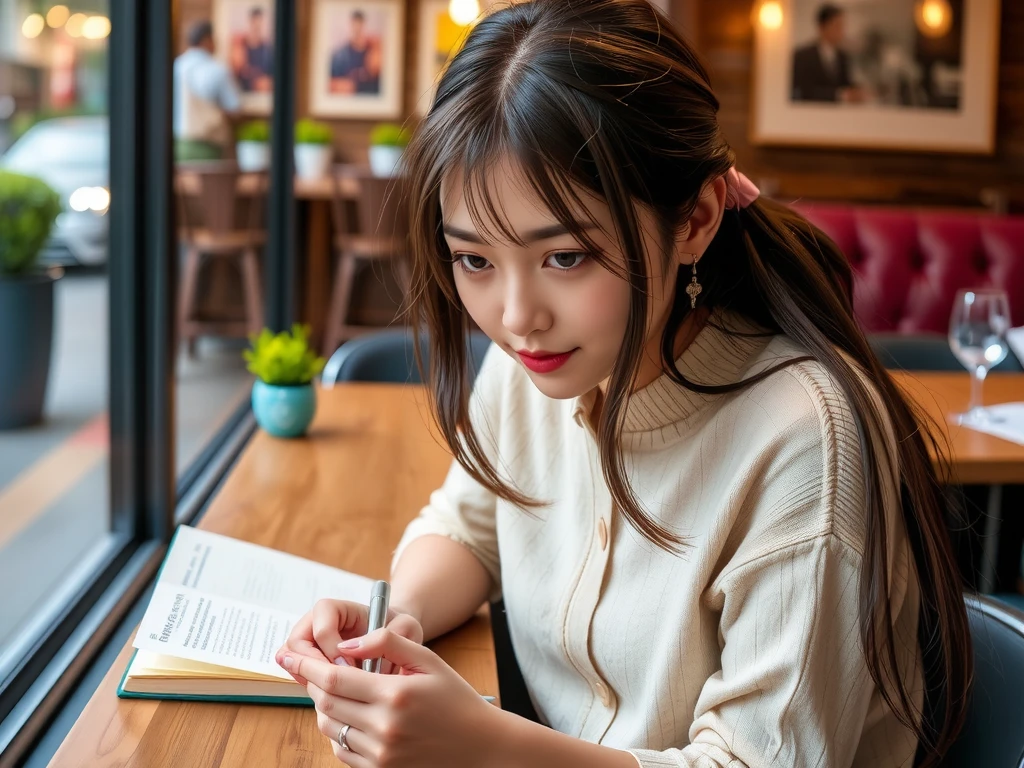 neat-girl,High image quality (8k image quality), high resolution, excellent work, appropriate depth of field, appropriate focus, Leica camera quality, RAW image quality, real, women studying at a cafe, detailed pupils, detailed lips, perfect hands, perfect fingers, perfect nails, detailed Hands, detailed fingers, detailed nails, FLUX, East Asian women,Asian woman