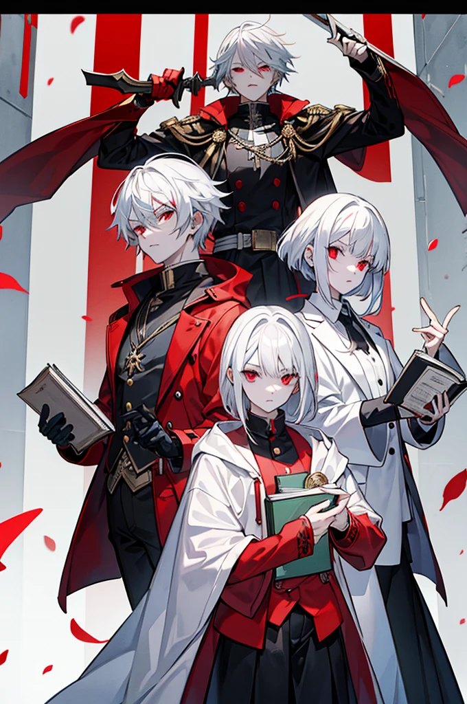 
 white hair, Red eyes, Clothes that look like a judge ,  He is holding a judgment scale in his left hand,  are holding a book on the right , It looks like it's in a court, It's like judging someone