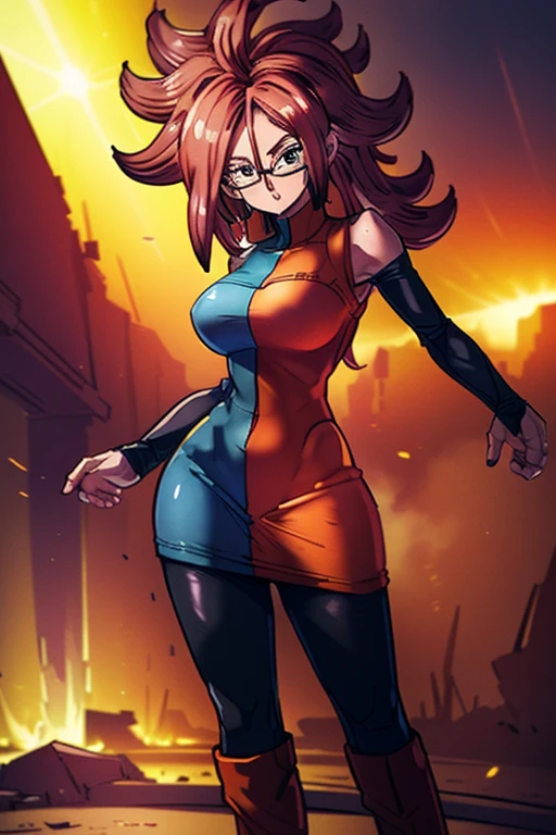   high quality masterpiece, ((   unreal engine  )), reality:1.8,  Ultra-fine,   rich contrast ,   high quality, 8k,   high resolution texture  ,   Amazing absolute resolution, Advanced Settings  , colorful,   Clear Image ,   Digital Blending ,  (  Hasselblad photo  , Distorted angle of view), 

 beautiful girls, ((Android 21, Glasses, Checked dress,  arm warmers , (( black pantyhose)), Asymmetrical Boots )), Big Breasts,  camel toe , ( Clothes Are Sweaty and Sticky),  

 Dragon Ball World ,  indoor, 