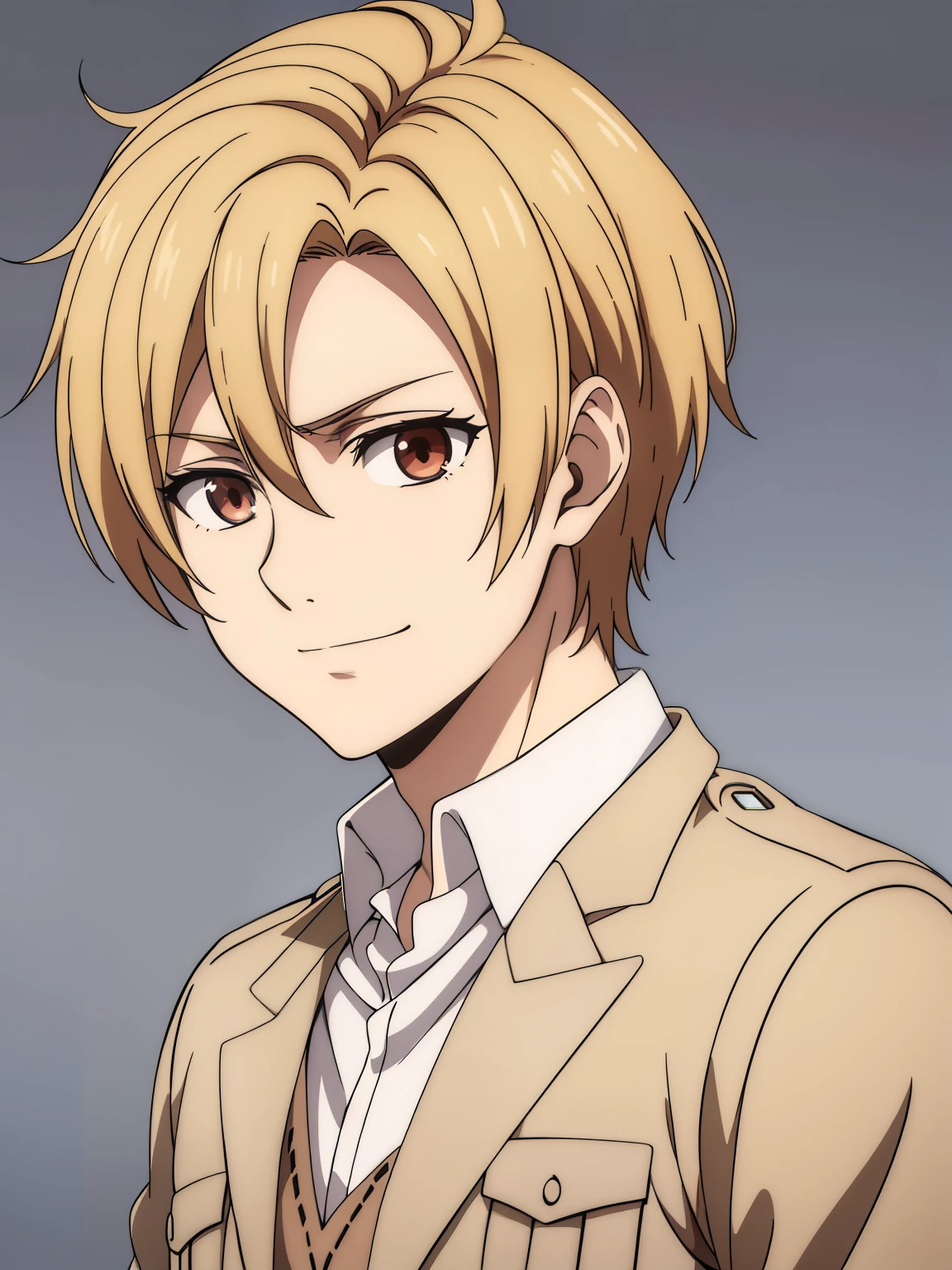 (high-quality, breathtaking),(expressive eyes, perfect face) 1boy, male, solo, portrait, narrow eyes, kind face, neutral expression, cute smile, aot style, portrait, stylized hairstyle, Symmetrical Eyes, bright soft blonde hair, red eyes, ager, grey background, brown jacket, long sleeves, white shirt, belt, pants, attack on titan clothing, mappastyles4, three-dimensional maneuver gear, fluffy hair, pale skin, half closed eyes, looking at viewer, bangs, haruki_serizawa, survey corp, attack on titan