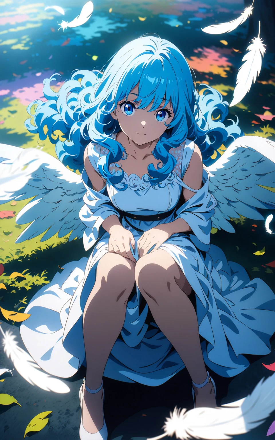 (Best Quality:1.2、 Anime Artwork、 very detailed、 attention to detail、 digital coloring、 high contrast、masterpiece:1.2、Best Quality、Best aesthetics)、1girl, beautiful blue eyes , Long blue curly hair,  Stylish White Dress ,White high heels、 sitting、Hands on knees、Angel wings on your back,Falling Feathers,  surrounded by nebulae and colorful woods, waist close-up、