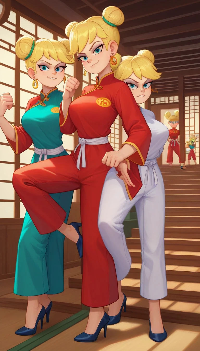 leni loud, 3girl, trio, 24yo girl, large breasts, green cheongsam,  inside of a chinese temple, dojo, looking at viewer, blonde hair, two hair buns , hands  score_9, score_8_up, score_7_up, high heels, teep fighting stance,martial arts, stairs behind her, guarding the stairs, a door behind the stair, chinese writings on the wall, long pants, triplets