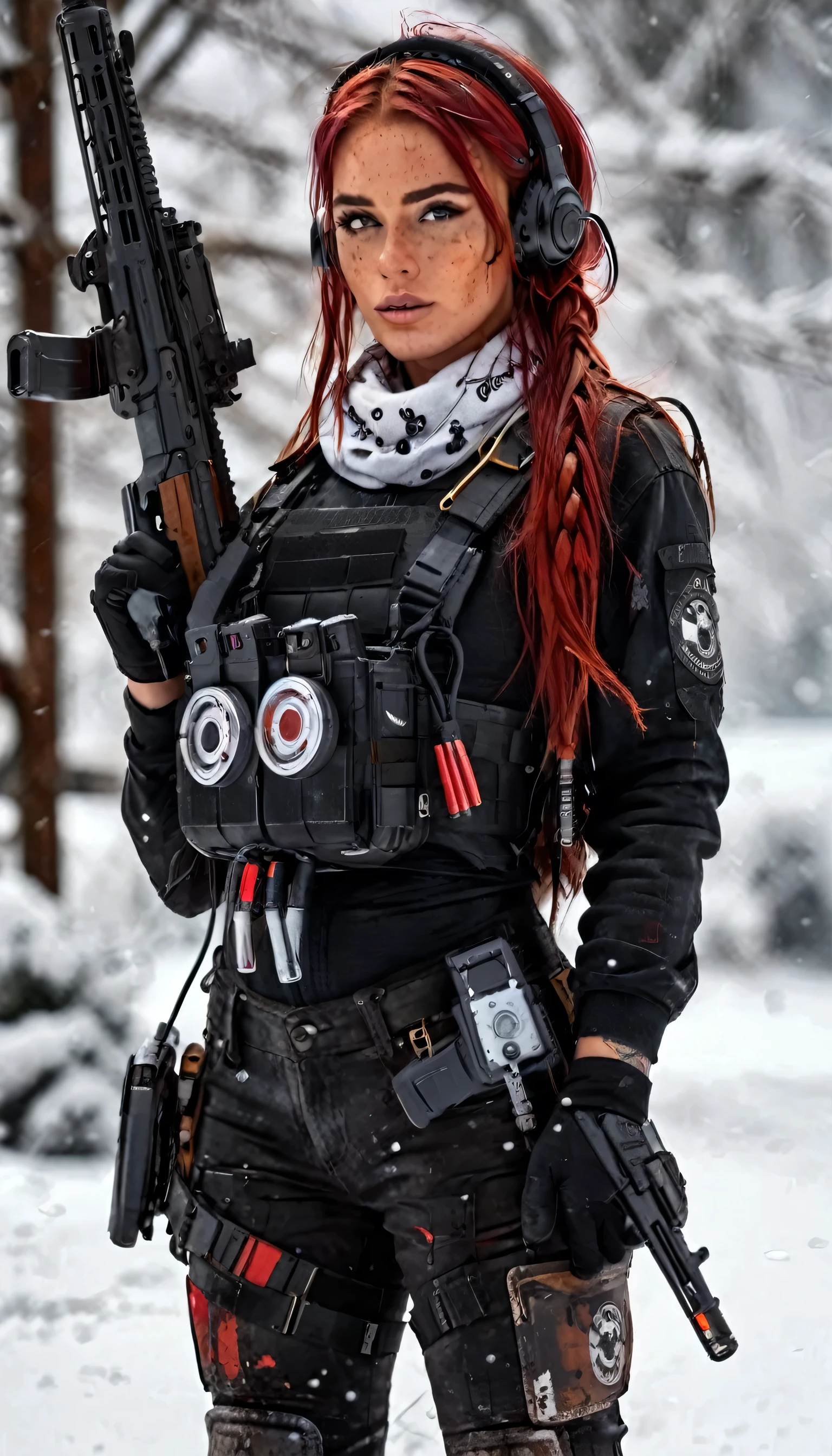  Full body from head to toe, post-apocalyptic, high resolution, 1 woman, Solo, (Detailed face), Tattoo on the face with the text "Athena", Red hair, Long hair closed in back , military Nurse outfit, red black clothe, Snow background, Girl aiming assault rifle, mechanical, Glowing Eyes, Metal surface lower both arm, Digital display, Streamlined Design , Colorful wires ,scarf rotate on head, long boots wit red roll, headset with antenna and headband medical sight, medical box in waist, stethoscope.