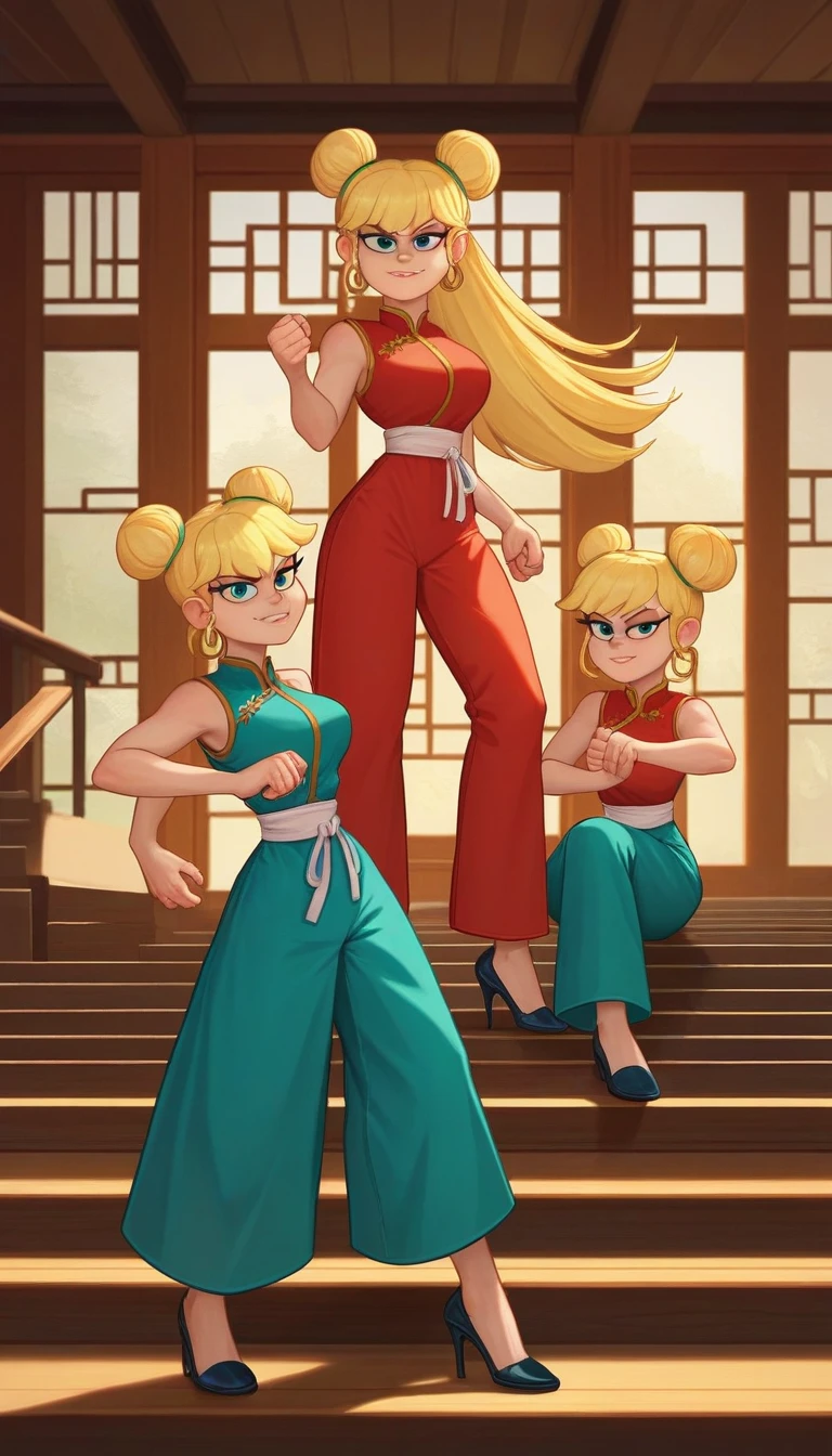 leni loud, 3girl, trio, 24yo girl, large breasts, green cheongsam,  inside of a chinese temple, dojo, looking at viewer, blonde hair, two hair buns , hands  score_9, score_8_up, score_7_up, high heels, teep fighting stance,martial arts, stairs behind her, guarding the stairs, a door behind the stair, chinese writings on the wall, long pants, triplets