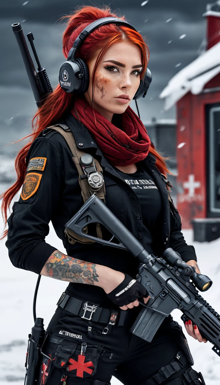  Full body from head to toe, post-apocalyptic, high resolution, 1 woman, Solo, (Detailed face), Tattoo on the face with the text "Athena", Red hair, Long hair closed in back , military Nurse outfit, red black clothe, Snow background, Girl aiming assault rifle, mechanical, Glowing Eyes, Metal surface lower both arm, Digital display, Streamlined Design , Colorful wires ,scarf rotate on head, long boots wit red roll, headset with antenna and headband medical sight, medical box in waist, stethoscope.