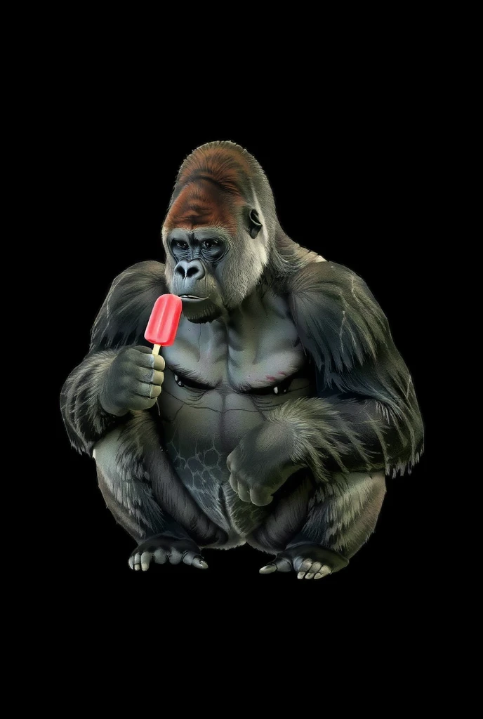 old-school cartoon of a brown gorilla in a traditional gorilla pose, holding a red popsicle, friendly, smiling, 