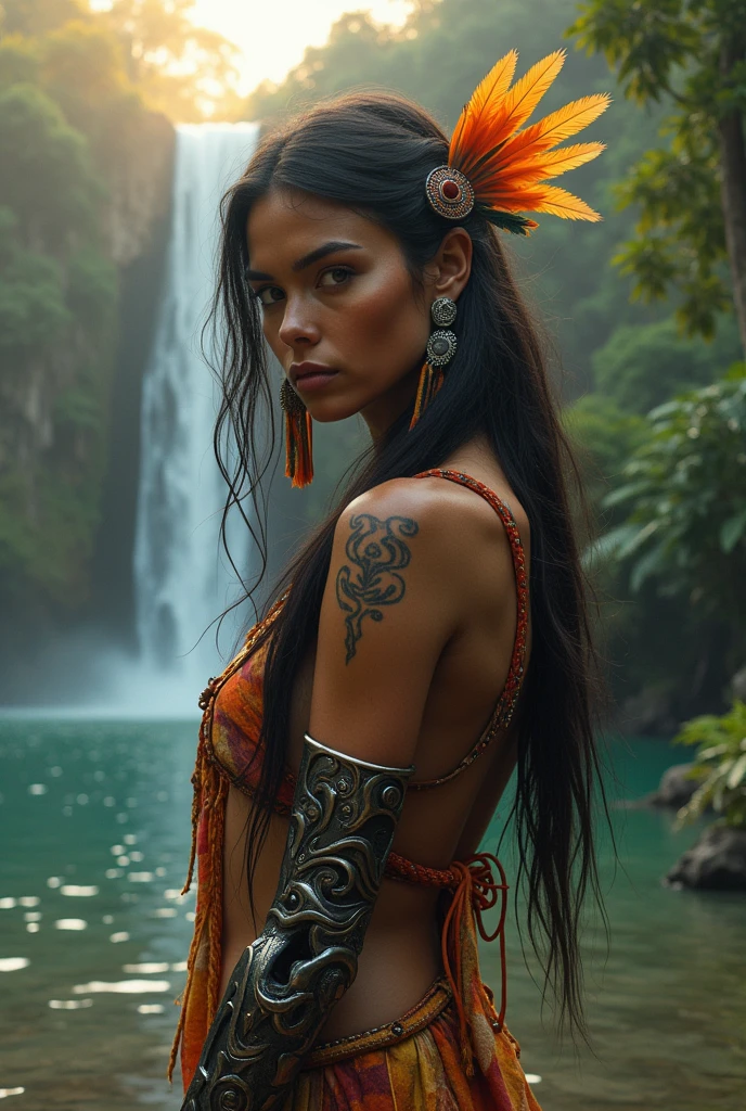 1girl,native american, Naked, feathers,hair ornament,jewelry,necklace,tribal,headdress,armlet,facepaint,braid,bracelet, wz_sousou_no_frieren_style, 1girl in full growth, best quality, masterpiece, ultra-detailed, high quality, perfect nose, highly detailed skin, warm skin tone, defiance512, RAW photo, best quality, high resolution, (masterpiece), dreamlike, dreamy, modelshoot style, analog style, tonemapping, photorealistic, professional photography, sharp focus, HDR, 8K resolution, intricate detail, sophisticated detail, hyper detailed, (depth of field), highlight and shadow, volumetric lighting, cinematic bloom, professional light, looking at viewer, blotchy, full body angle.