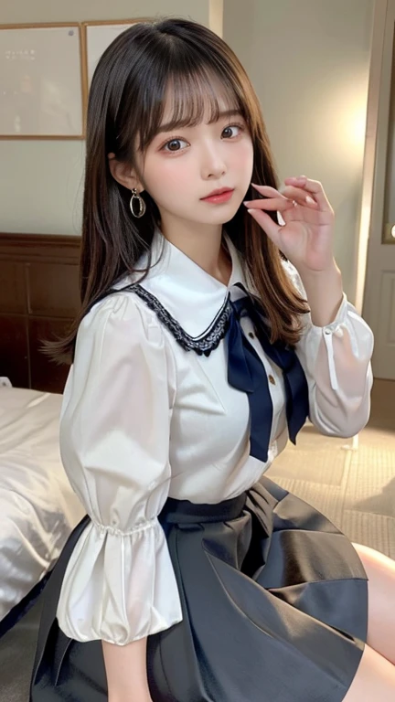 cute looks and a cute beautiful girl, beautifulface,length,  metallic straight hair  、beautiful,  cute eyes hidden in long bangs ,  small face、(  High School Girl :1.4),(bedroom:1.3) 、 white skin、( is spreading legs:1.2), small breasts,( blurry background1.3), earrings for a woman alone、( blurry background:1.2)、 necklace 、bow-tied waist、 high collar、knee-length skirt、Lace trim、puffed sleeves 、 ribbon accents、( midi skirt:1.2),(On all fours:1.2)
