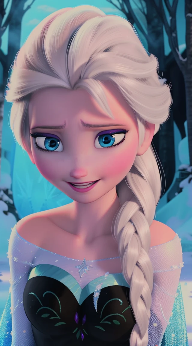 artwork, best quality, 1 woman, alone, frozen Elsa, original dress of the character Elsa from Frozen, large bust, in general, flower-shaped pupils, changing, clothes of an ice queen in a snow-covered forest, (ponytail: 0.6), smile, open mouth, cloudy,