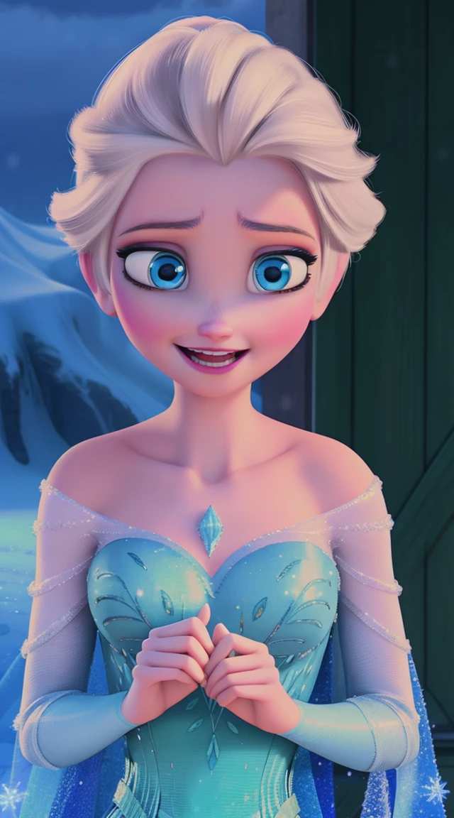 artwork, best quality, 1 woman, alone, frozen Elsa, original dress of the character Elsa from Frozen, large bust, in general, flower-shaped pupils, changing, clothes of an ice queen in a snow-covered forest, (ponytail: 0.6), smile, open mouth, cloudy,