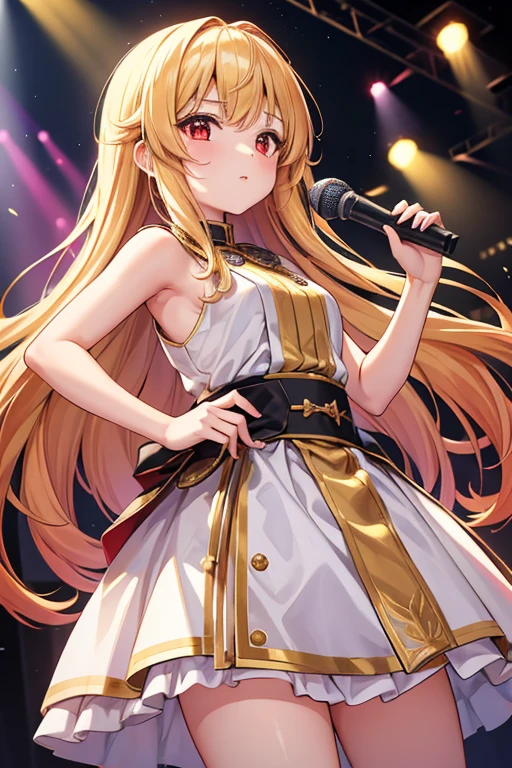  1 beautiful girl with pieces 　 short stature 　Baby Face　Shows up to the waist　 long golden hair　 princess cut　Red eyes　白と黄色の露出少なめなIdol衣装　Idol　Hold the microphone　Live　 stage