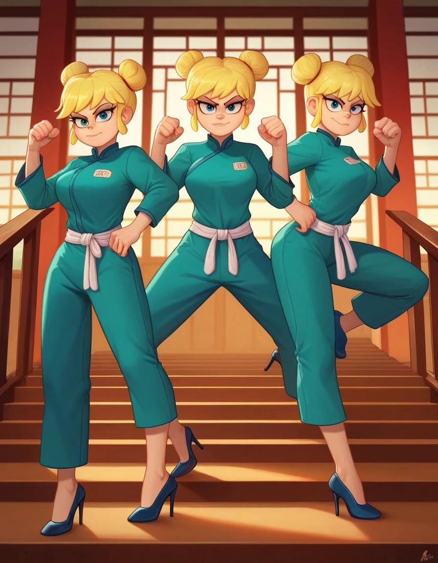 leni loud, 3girl, trio, 24yo girl, large breasts, green cheongsam,  inside of a chinese temple, dojo, looking at viewer, blonde hair, two hair buns , hands  score_9, score_8_up, score_7_up, high heels, teep fighting stance,martial arts, stairs behind her, guarding the stairs, a door behind the stair, chinese writings on the wall, long pants, triplets