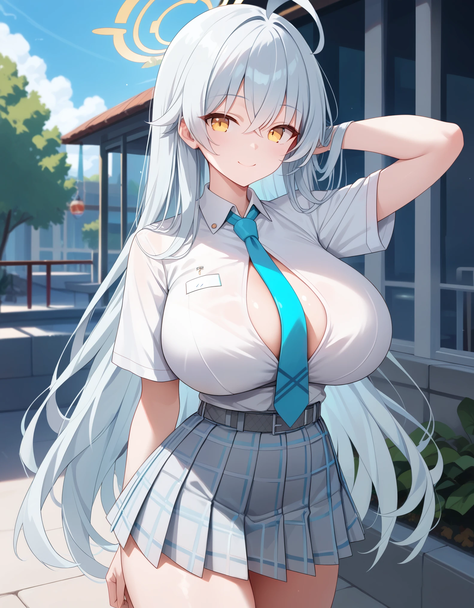 Masterpiece, hd, 2d, best quality, Hoshino, blue archive,halo, shiny gold halo over heads, long hair, cyan hair, ahoge, yellow eyws, smile, huge breasts, sexy, wearing white collared shirt, wearing gray plaid skirt, wearing gray belt, cyan necktie, standing, outdoor