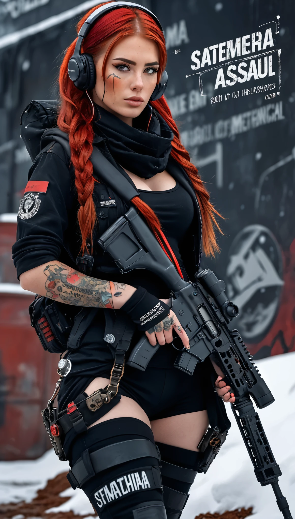  Full body from head to toe, post-apocalyptic, high resolution, 1 woman, Solo, (Detailed face), Tattoo on the face with the text "Athena", Red hair, Long hair closed in back , military Nurse outfit, red black clothe, Snow background, Girl aiming assault rifle, mechanical, Glowing Eyes, Metal surface lower both arm, Digital display, Streamlined Design , Colorful wires ,scarf rotate on head, long boots wit red roll, headset with antenna and headband medical sight, medical box in waist, stethoscope.