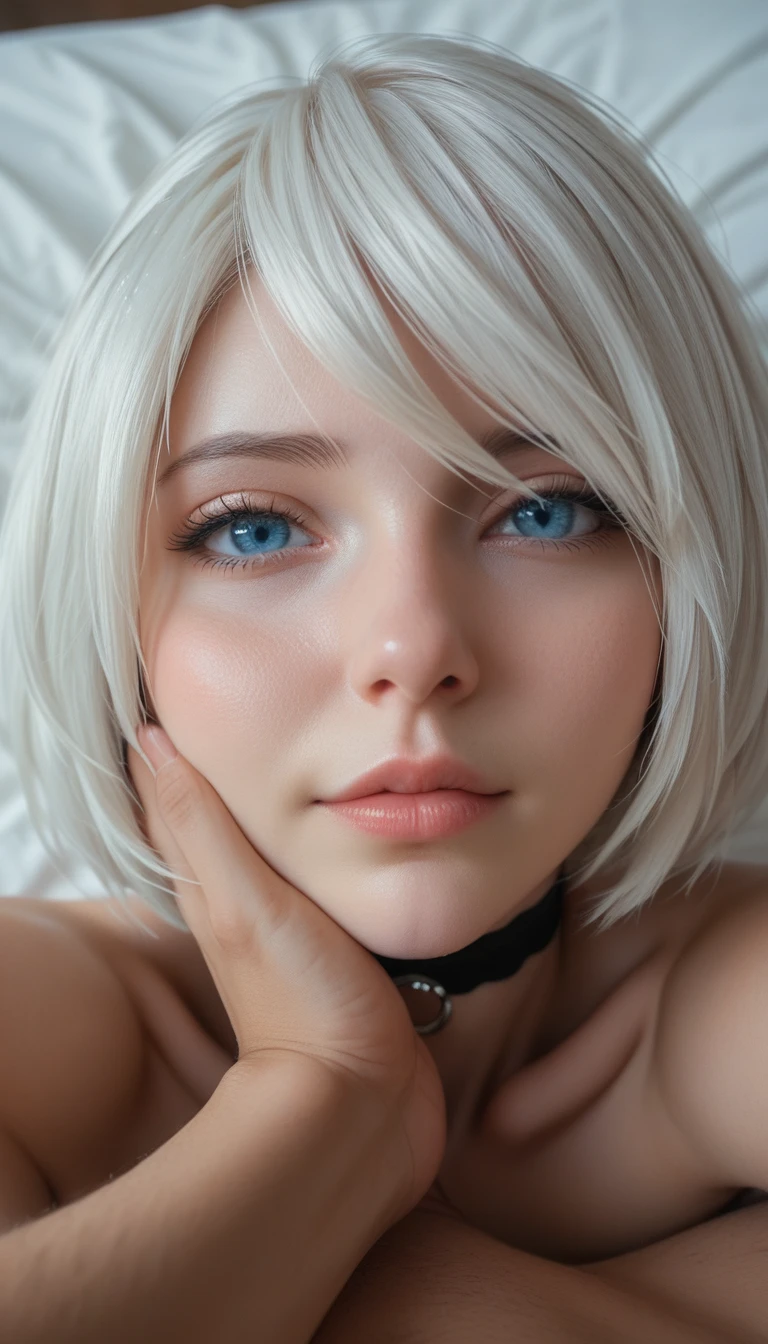 (masterpiece) (best quality) (detailed) (8k) (sharp focus),REAL, 1 female,yorha 2b, face focus,blue eyes, eye detail,choker,face close up,kissy face,cute face,pov,incoming hug, naked, 