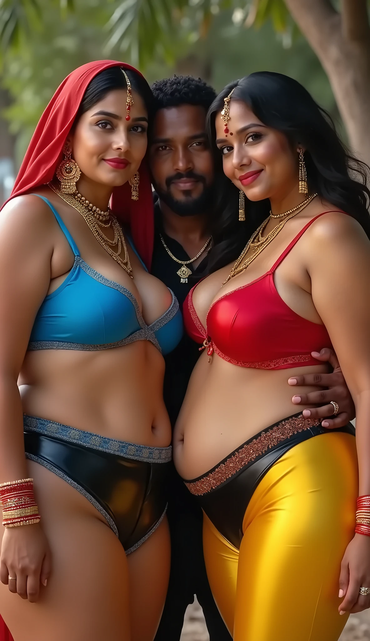 A hot busty bhabhi in bra and petticoat surrounded by men in market. They grab bhabhi from behind, Cleavage, wet body.