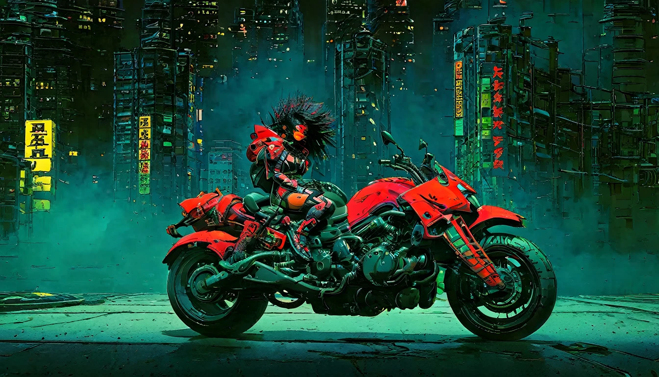 there a woman sitting on a motorcycle in the city, sitting on cyberpunk motorbike, akira anime cyberpunk, akira motorcycle, style of akira motion movie, modern cyberpunk anime, akira's motorcycle, riding a futuristic motorcycle, anime cyberpunk, akira movie style, akira cgi movie stills, motorcycle concept art, anime cyberpunk art, akira japanese art, cyberpunk anime art, futuristic cyberpunk