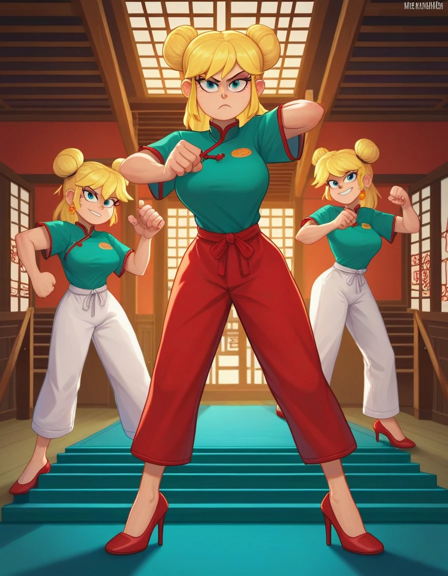 leni loud, 3girl, trio, 24yo girl, large breasts, green cheongsam,  inside of a chinese temple, dojo, looking at viewer, blonde hair, two hair buns , hands  score_9, score_8_up, score_7_up, high heels, teep fighting stance,martial arts, stairs behind her, guarding the stairs, a door behind the stair, chinese writings on the wall, long pants, triplets