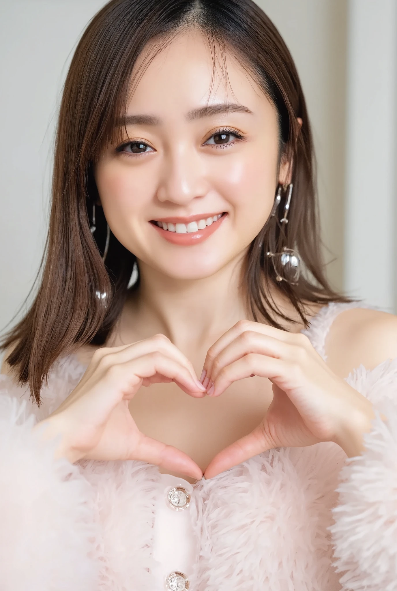 Only one woman with a cute smile wears cute, fluffy off-shoulder pajamas, makes a big heart shape with both hands, and poses them in front of her chest, View above collarbone、The background is a monotone 

