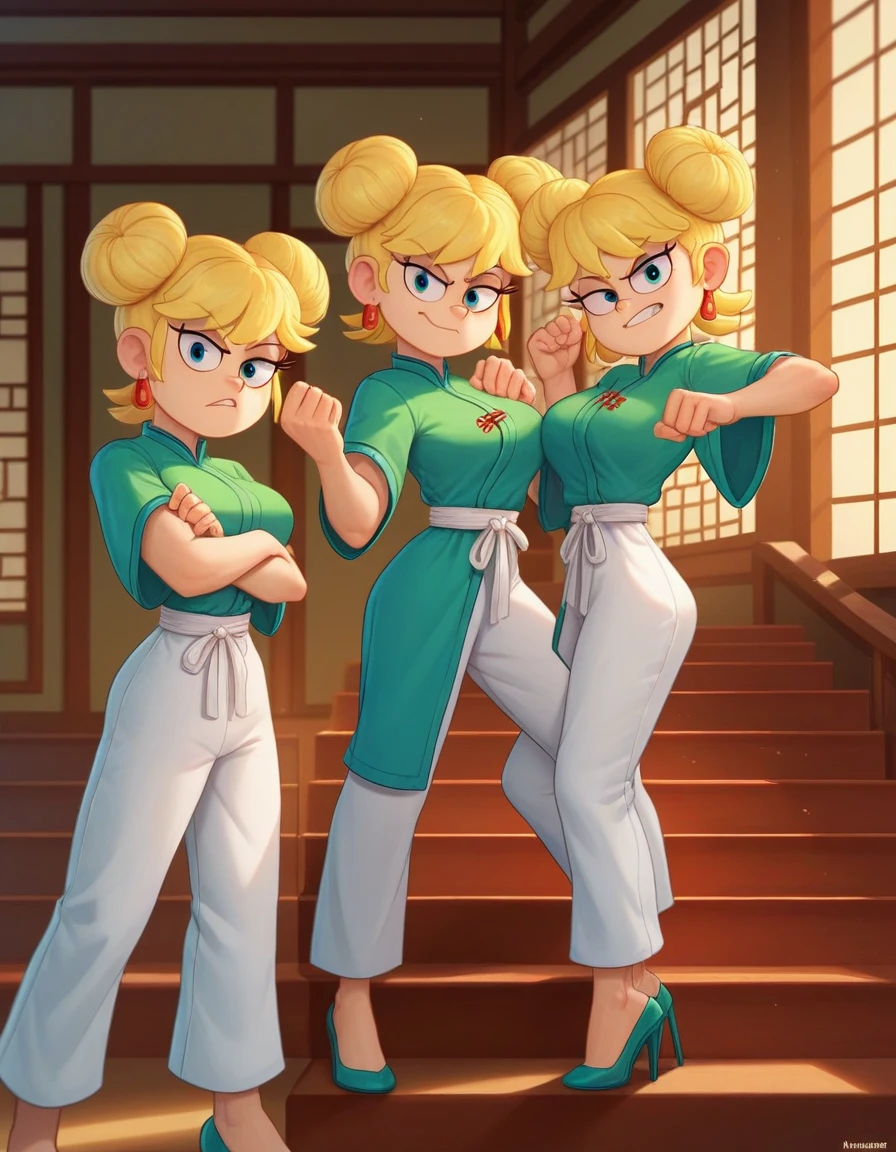 leni loud, 3girl, trio, 24yo girl, large breasts, green cheongsam,  inside of a chinese temple, dojo, looking at viewer, blonde hair, two hair buns , hands  score_9, score_8_up, score_7_up, high heels, teep fighting stance,martial arts, stairs behind her, guarding the stairs, a door behind the stair, chinese writings on the wall, long pants, triplets