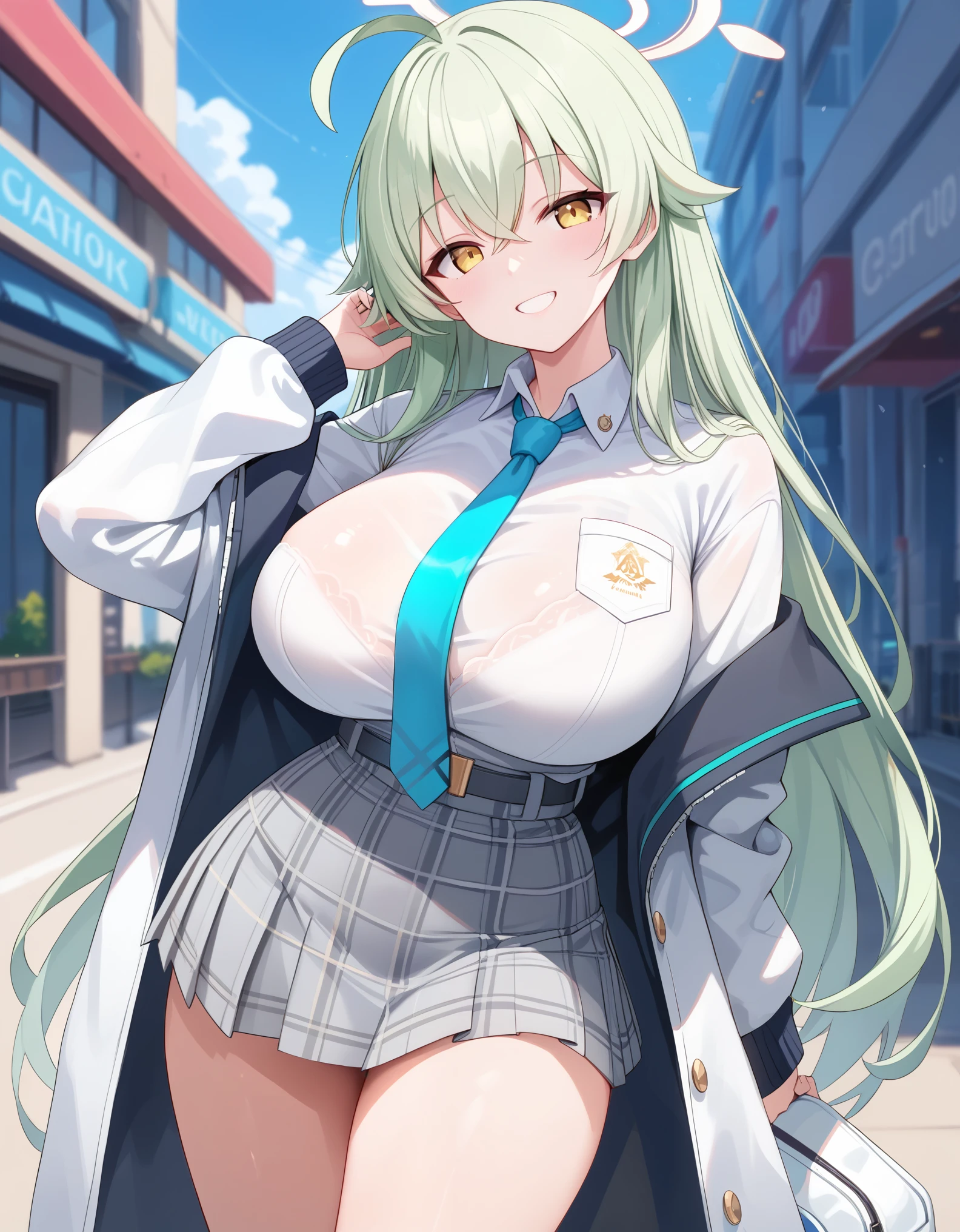 Masterpiece, hd, 2d, best quality, Hoshino, blue archive,halo, shiny gold halo over heads, long hair, green hair, ahoge, yellow eyes, smile, huge breasts, sexy, wearing white collared shirt, long sleeves, wearing gray plaid skirt, wearing gray belt, cyan necktie, standing, outdoor