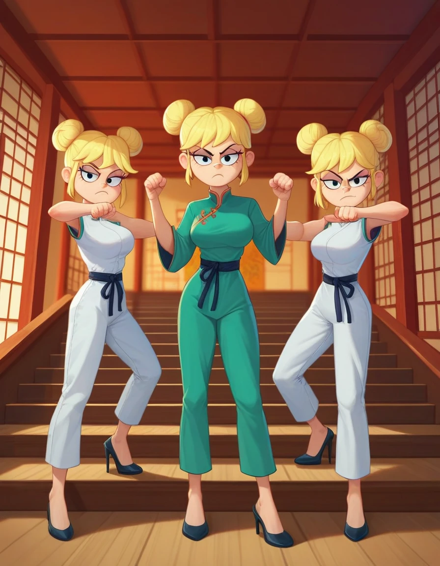 leni loud, 3girl, trio, 24yo girl, large breasts, green cheongsam,  inside of a chinese temple, dojo, looking at viewer, blonde hair, two hair buns , hands  score_9, score_8_up, score_7_up, high heels, teep fighting stance,martial arts, stairs behind her, guarding the stairs, a door behind the stair, chinese writings on the wall, long pants, triplets