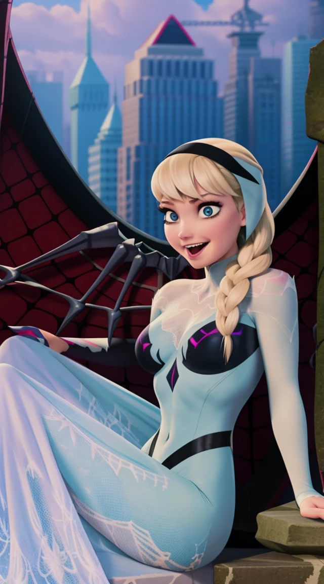 artwork, best quality, 1 girl, alone, Gwen Stacy, original Ghost Spider character costume, large bust, overall, flower-shaped pupils, change, Spider Gwen aka Ghost Spider uniform in a skyscraper sitting on top of a stone gargoyle, without the mask, (short blonde hair: 0.6), smile, open mouth, cloudy,