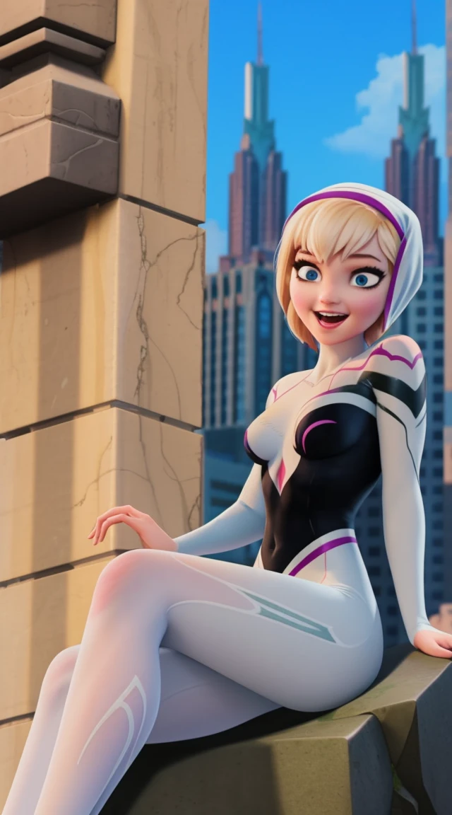 artwork, best quality, 1 girl, alone, Gwen Stacy, original Ghost Spider character costume, large bust, overall, flower-shaped pupils, change, Spider Gwen aka Ghost Spider uniform in a skyscraper sitting on top of a stone gargoyle, without the mask, (short blonde hair: 0.6), smile, open mouth, cloudy,