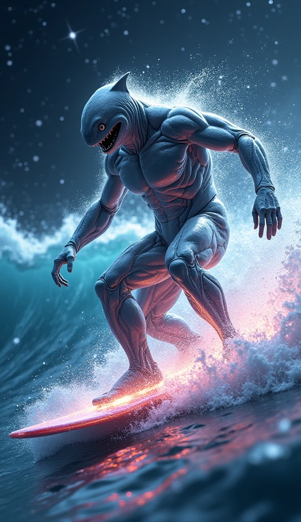 Poseidon creating a being, a surfer made of water
