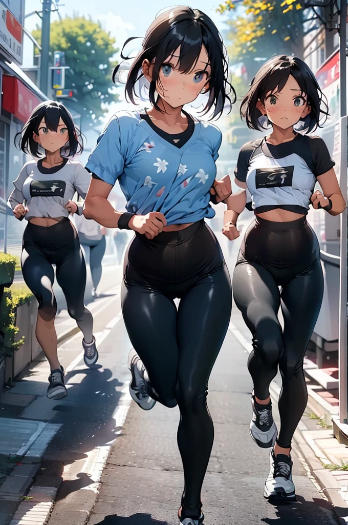 sfw,Best Quality,  official art, masterpiece,(One person:2.0), Men like women,( flat chest:1.3),(7 heads), Black Hair ,(Bob Cut Hair),(running:1.5), sportswear,(stretchy leggings:1.5), sneakers, Short Sleeve Shirts,Floral,( Miniskirt),marathon course ,garden,(Dynamic:1.3), dynamic composition ,Sweating,morning,wind, soft lighting