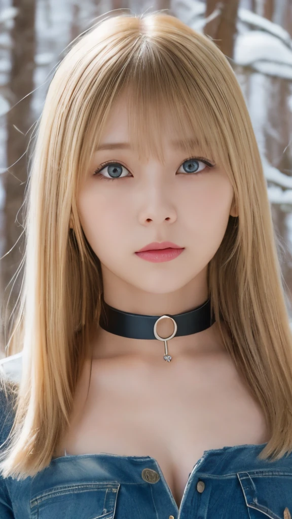 beautiful pretty face girl, beautiful blonde hair facing the body, cowboy shot, long bangs , hair between eyes , Round face, Detail Eyes, detail face , Big Breasts, clevis, choker, Miniskirt, Snowy Forest , knitted sweater, jeans