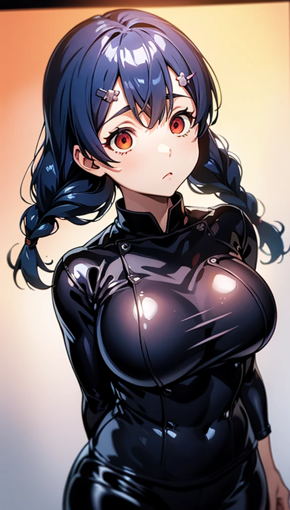 score_9, score_8_up, score_7_up, score_6_up, score_5_up, score_4_up, BREAK source_anime, tadokoro megumi, twin braids, hairclip,(Red eyes), glowing eyes,Huge breasts,((empty eyes)),Expressionless,(stand up), ((Black latex chef uniform)), cowboy shot, black background, simple background,