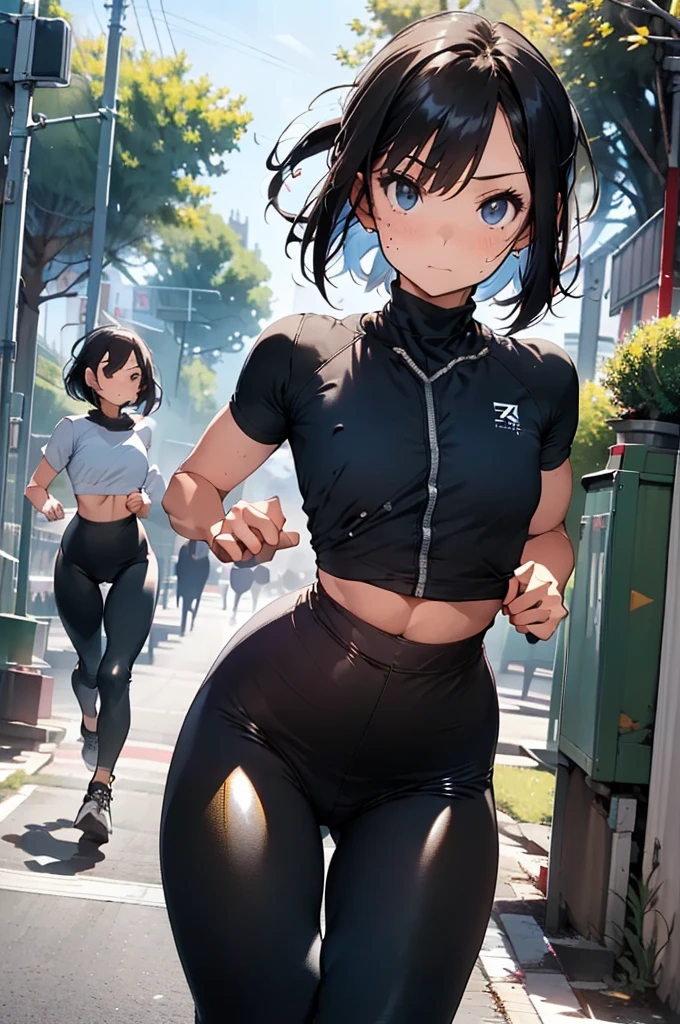 sfw,Best Quality,  official art, masterpiece,(One person:2.0),  Neutral Male,( flat chest:1.3),(7 heads), Black Hair ,(Bob Cut Hair),(running:1.5), sportswear,(stretchy leggings:1.5), sneakers, Short Sleeve Shirts,Floral,( Miniskirt),marathon course ,garden,(Dynamic:1.3), dynamic composition ,Sweating,morning,wind, soft lighting