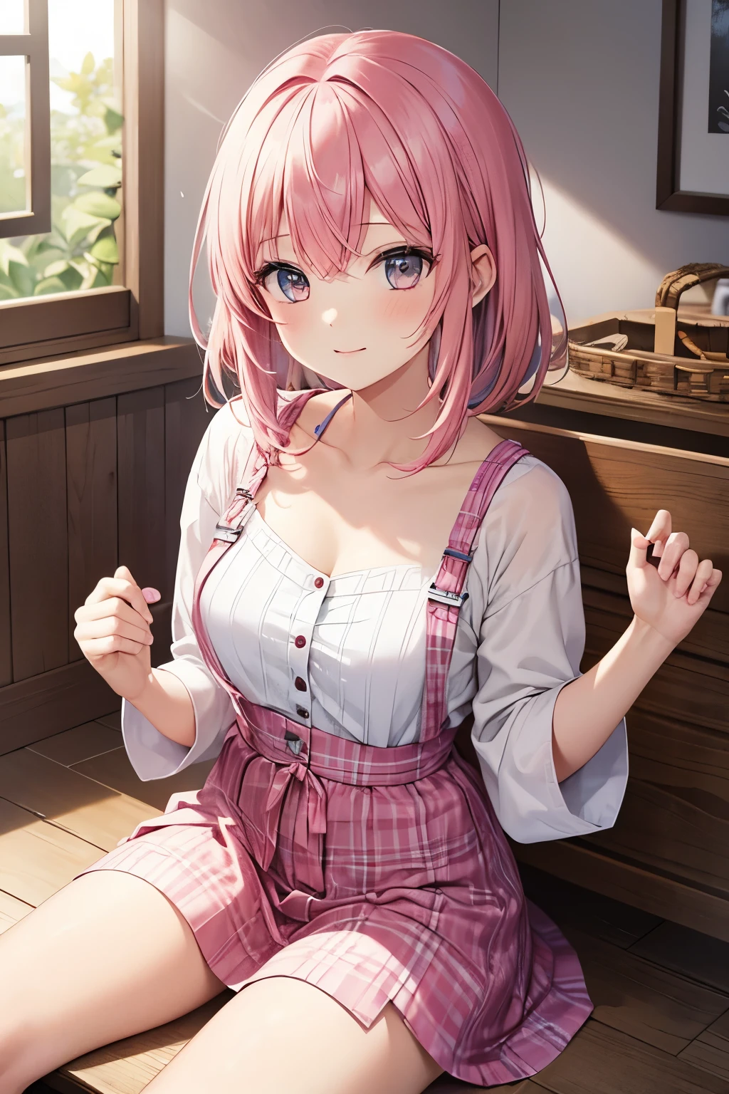 (((masterpeice)))、(((beste-Quality)))、Hi-Res、 The is standing、 (Cute One Girl)))、独奏、Brown-skinned、small tits、Eight-headed body、(Pink hair)、((twintails))、 ((straight bangs))、Beautiful hair、verd s eyes、Beautiful Eyes of Details、((blushful))、a smile、 Nightwear、 耳Nipple Ring、White room、a bed、 (Morning)、 Shadow lighting、