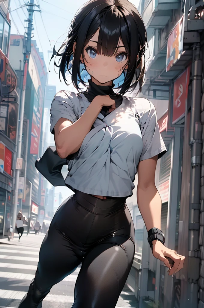 sfw,Best Quality,  official art, masterpiece,(One person:2.0),  Neutral Male,( flat chest:1.3),(7 heads), Black Hair ,(Bob Cut Hair),(running:1.5), sportswear,(stretchy leggings:1.5), sneakers , Short Sleeve Shirts,Floral,( Miniskirt),marathon course ,garden,(Dynamic:1.3), dynamic composition ,Sweating,morning,wind, soft lighting