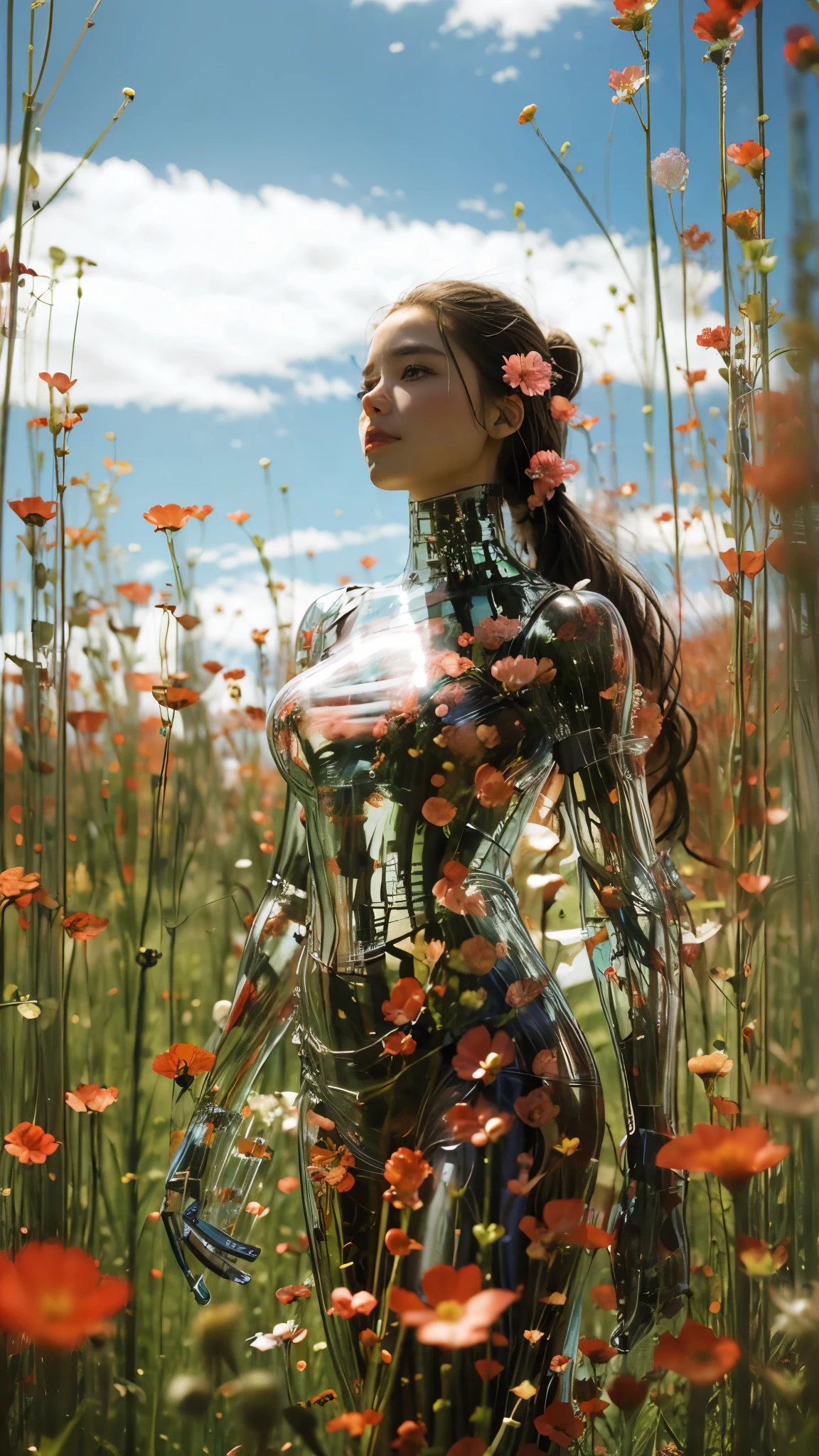 1 girl, long hair flowing, pink flowers all around, epic sky, outdoor, clouds, solo, tall grass, field, black hair, standing, blurry, looking at the audience, seethrough, transparent body, transparent body, whole body, transparent silhuette, 