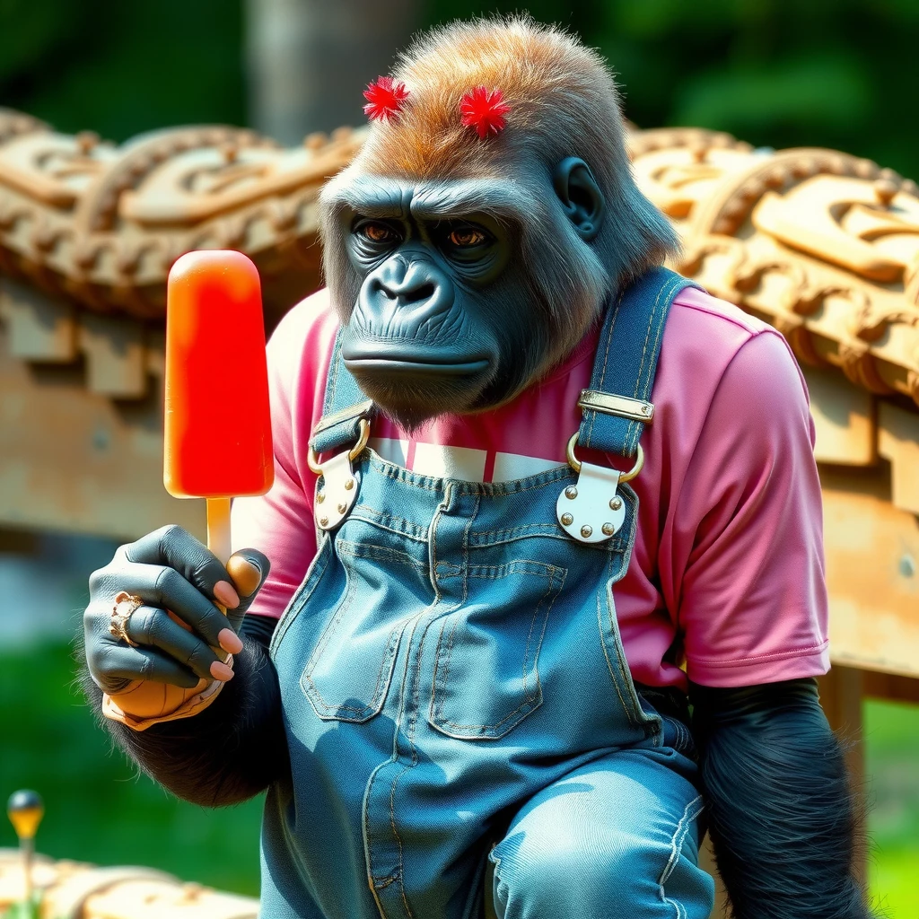 gorilla, in nice clothes, jeans, a pink t-shirt, with a red popsicle in his hand