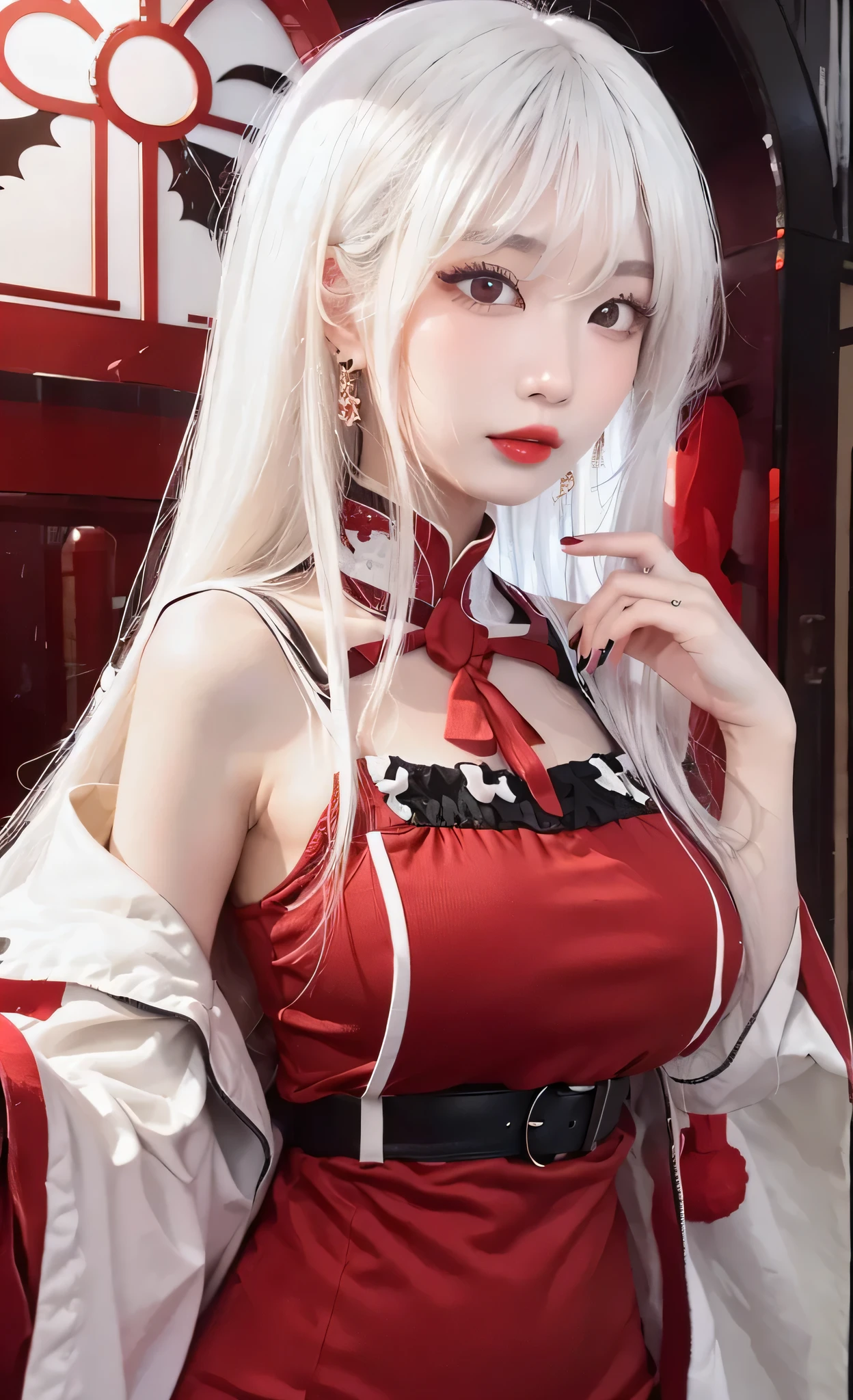 Long white hair - Red eyes - Black hair accessory - Hoodie - Elegant - Mysterious - Less revealing - Modest - Unique - Smiling - Attractive - Presence