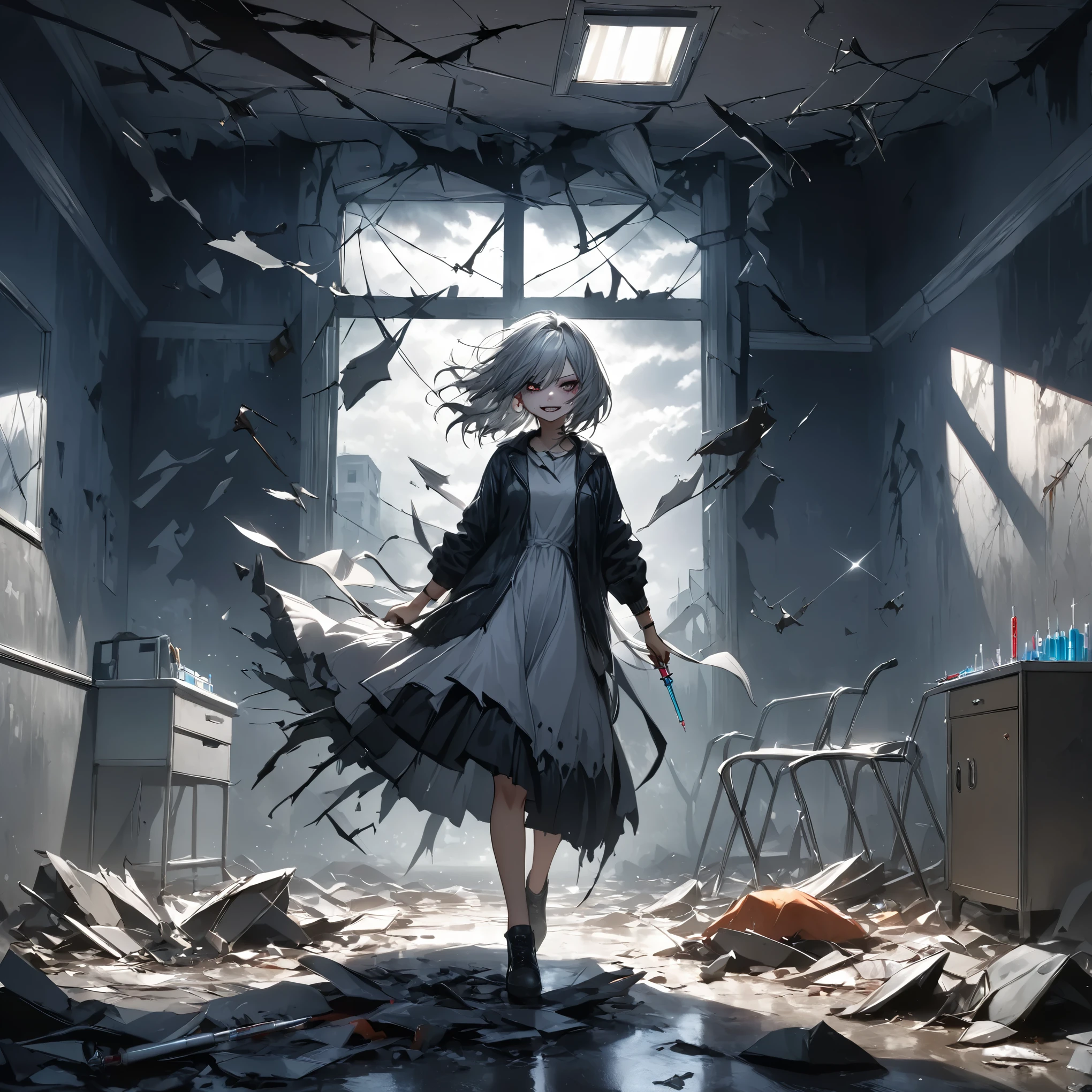 (masterpiece, Best Quality,  bright colors,  It features  ,  dynamic lighting from multiple angles) ,dark gothic,Horror The silver-haired girl standing in the center of an abandoned hospital ,full body,  A syringe  .  has a dangerous expression on her face ,  twisted smile as dark clouds gather outside .  the wind blows through a broken window ,  scatters debris around her ,  adds chaotic movement .  The vivid silver theme stands out in the dark, Dark Environment,  creates a sense of tension and an ominous atmosphere .