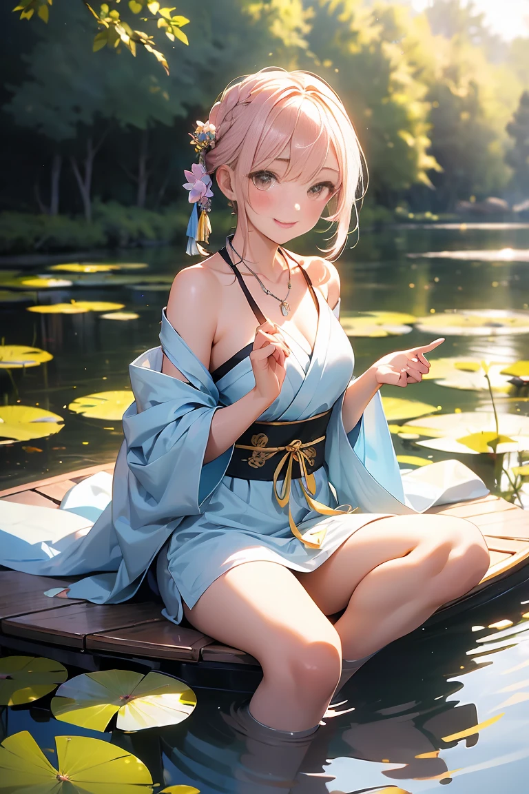 Highest image quality, highest definition, masterpiece,
With background: in the forest, anime art style, soft lighting,
female, petite,
Expression: beautiful face, thin eyebrows, young face, smile,
Hairstyle: bun hairstyle, multicolor hair color, floral hair ornament,
Costume: Brightly colored kimonos, floral patterns,
Full body, normal, sitting innocently, sideways,