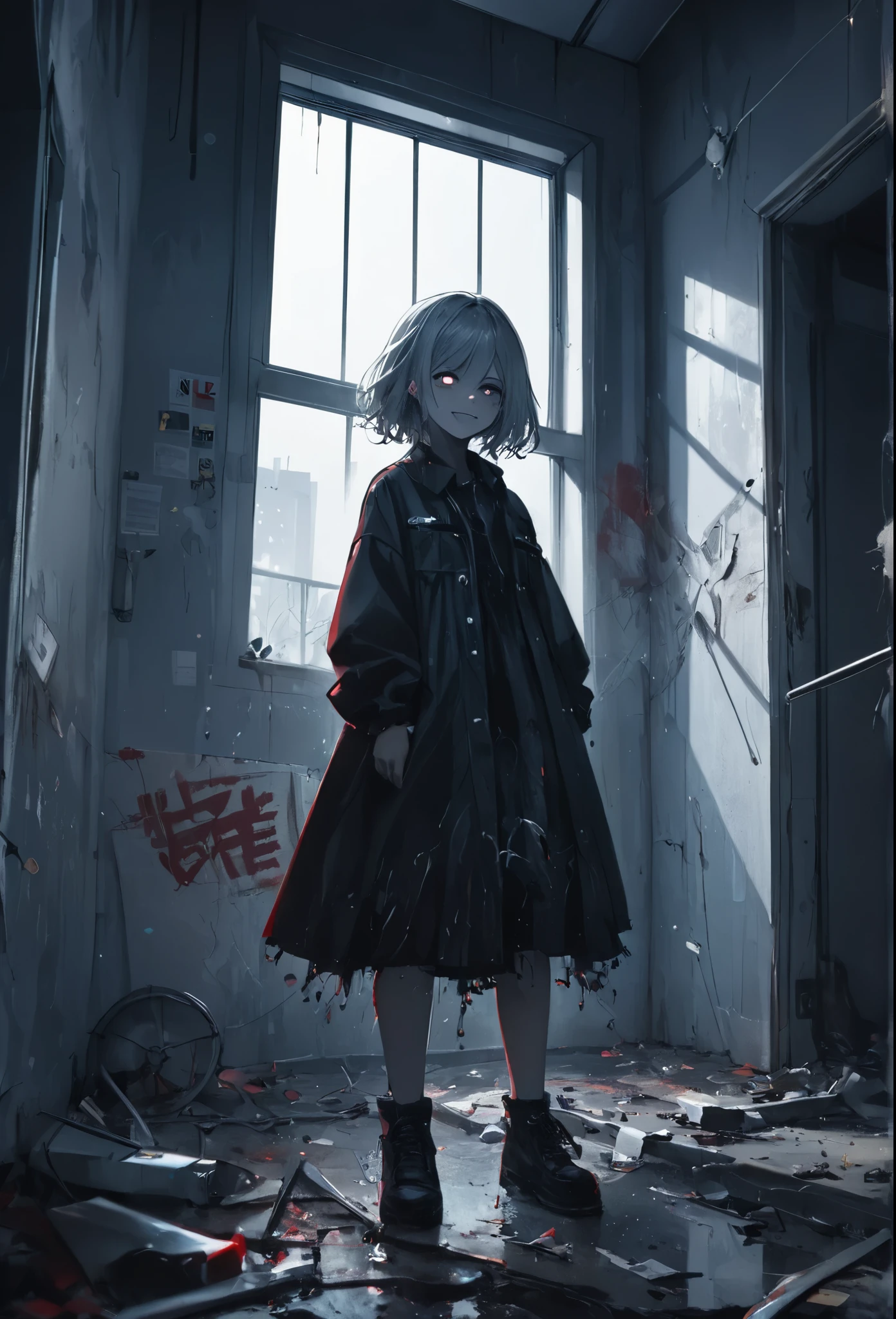 (masterpiece, Best Quality,  bright colors,  It features  ,  Dynamic Lighting) ,dark gothic,Horror The silver-haired girl standing in the center of an abandoned hospital ,full body,  A syringe  .  has a dangerous expression on her face ,  twisted smile as dark clouds gather outside .  the wind blows through a broken window ,  scatters debris around her ,  adds chaotic movement .  The vivid silver theme stands out in the dark, Dark Environment,  creates a sense of tension and an ominous atmosphere .