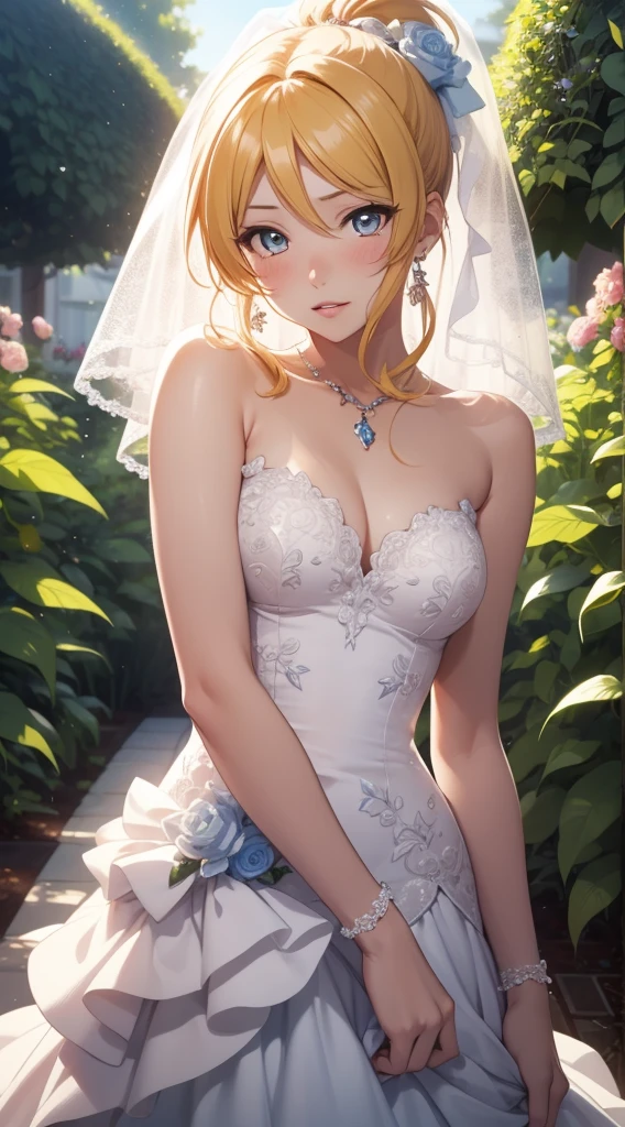 Lumine | genshin impact, master-piece, bestquality, 1girls,25 years old, proportional body, proportional., Wedding Dresses, White Wedding Dress, Long skirt, wedding, mediuml breasts, ,bara, Standing in the middle of a flower garden, outdoor, wedding, The sky is beautiful, Both hands hold a bouquet of flowers................................., View viewers from the front., Thigh strap, Head tilt, bored, 10, 10, HD, slight smile,