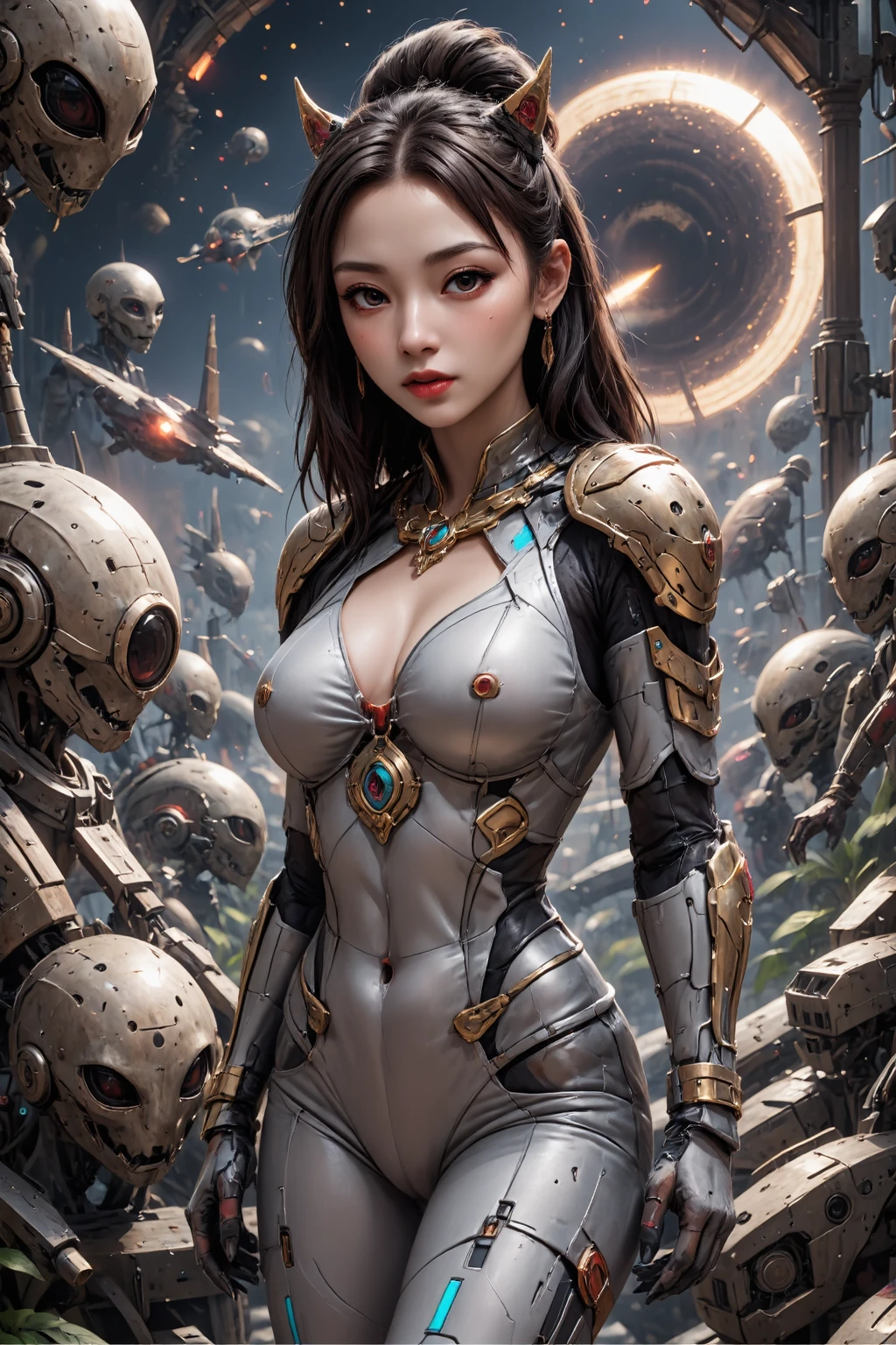 Pilot Woman on the flying bike in the jungle. Woman naked only in gold body jewlry float in air on the ((flying bike)), ((flying on a board above the green wild jungle)) ((flying in the sky on the futuristic antigraviti bike)), She flying, flying bike, Highly Detailed Face and Skin Texture, big green eyes, juicy lips, bimbo lips, white skin, pale skin, fair complexion (afro curly Black hair), (pale skin), Detailed Eyes, Double Eyelids, afro curly black hair, gold metal cyberpunk tapes, metal Collar, metal gold futuristic ((vaginal piercing)), gold jewelry on wet body, wet skin. She is naked, puffy breast, gold substance on the naked breast, naked, White skin, she is on the futuristic cyberpunk flying disc drone in the jungle, futuristic cyberpunk pilot helmet on head. Piercing in the nose.