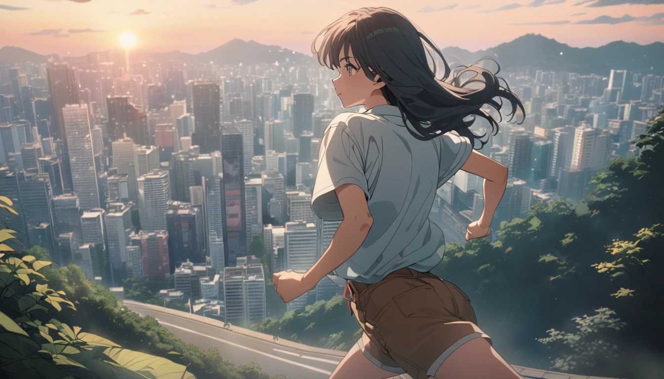 Makoto Shinkai style, evening, one Japanese high school girl running down a hill in the city of Tokyo, 2D animation style, 90's anime aesthetic, high detail, Fujifilm mix, hyperrealistic, 8K, masterpiece.