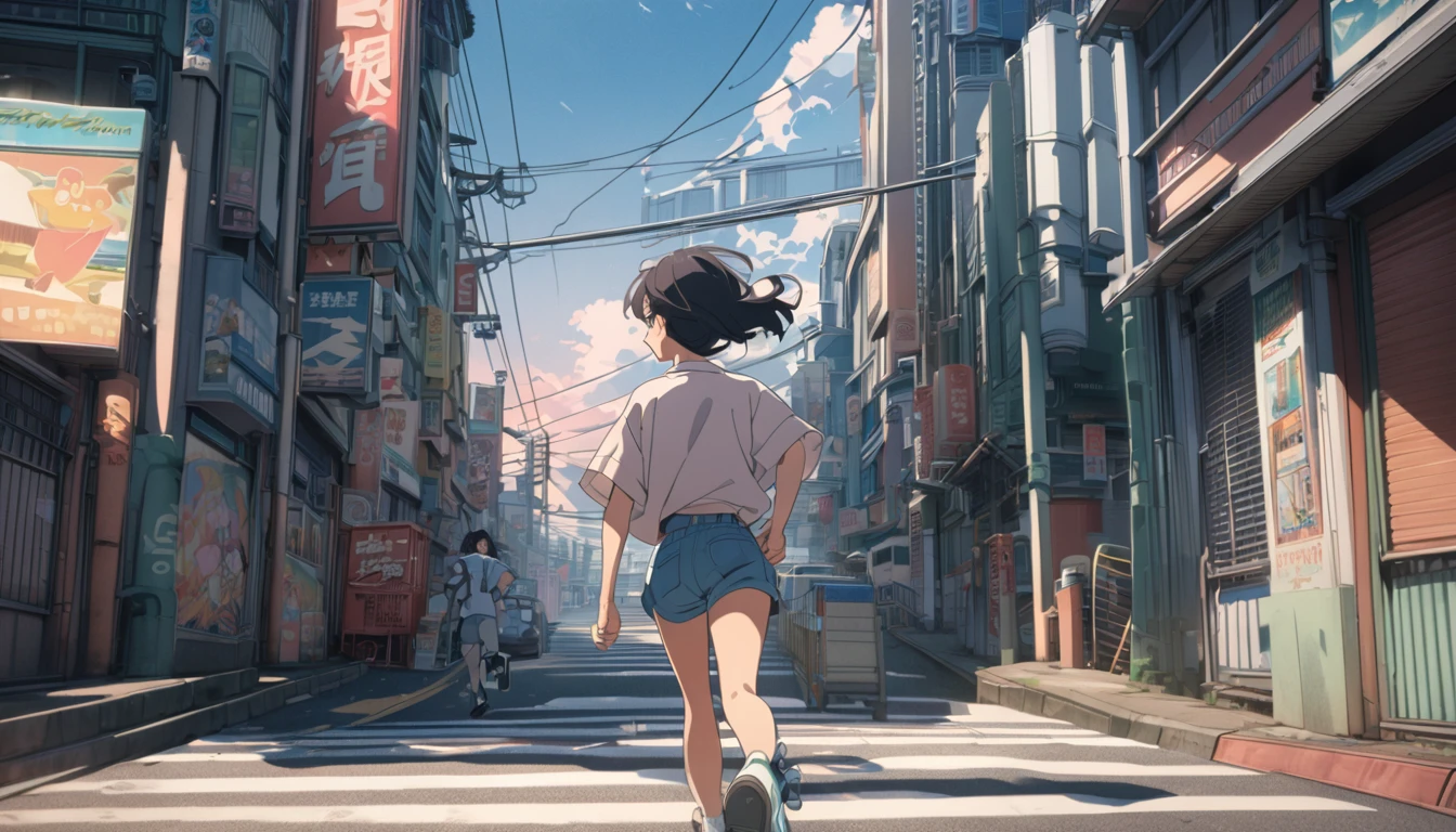 Makoto Shinkai style, evening, one Japanese high school girl running down a hill in the city of Tokyo, 2D animation style, 90's anime aesthetic, high detail, Fujifilm mix, hyperrealistic, 8K, masterpiece.