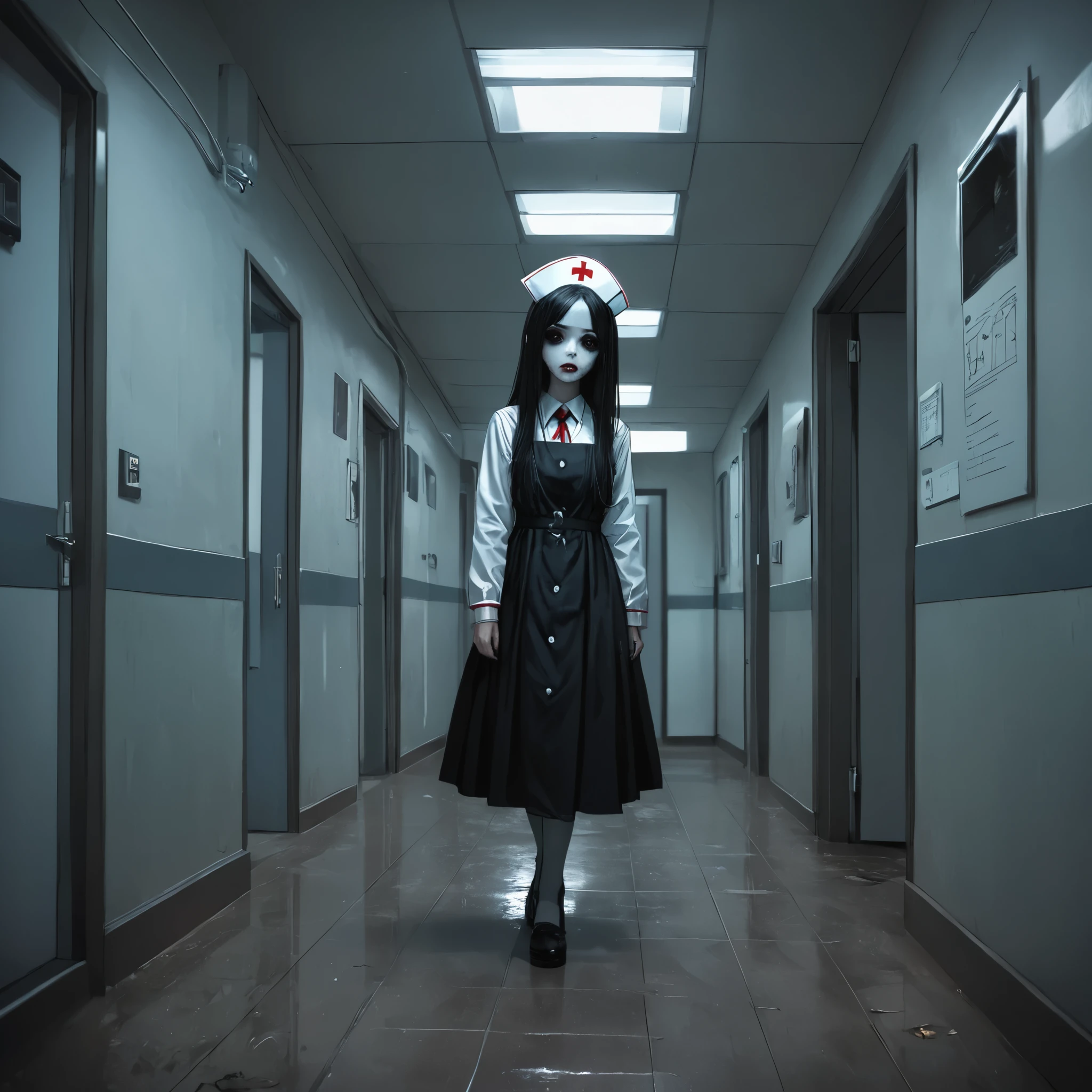 (masterpiece, best quality:1.2), 1girl,scary nurse,abandoned hospital,dark gothic,Horror,Long Hair,  close your mouth, accurate, full body